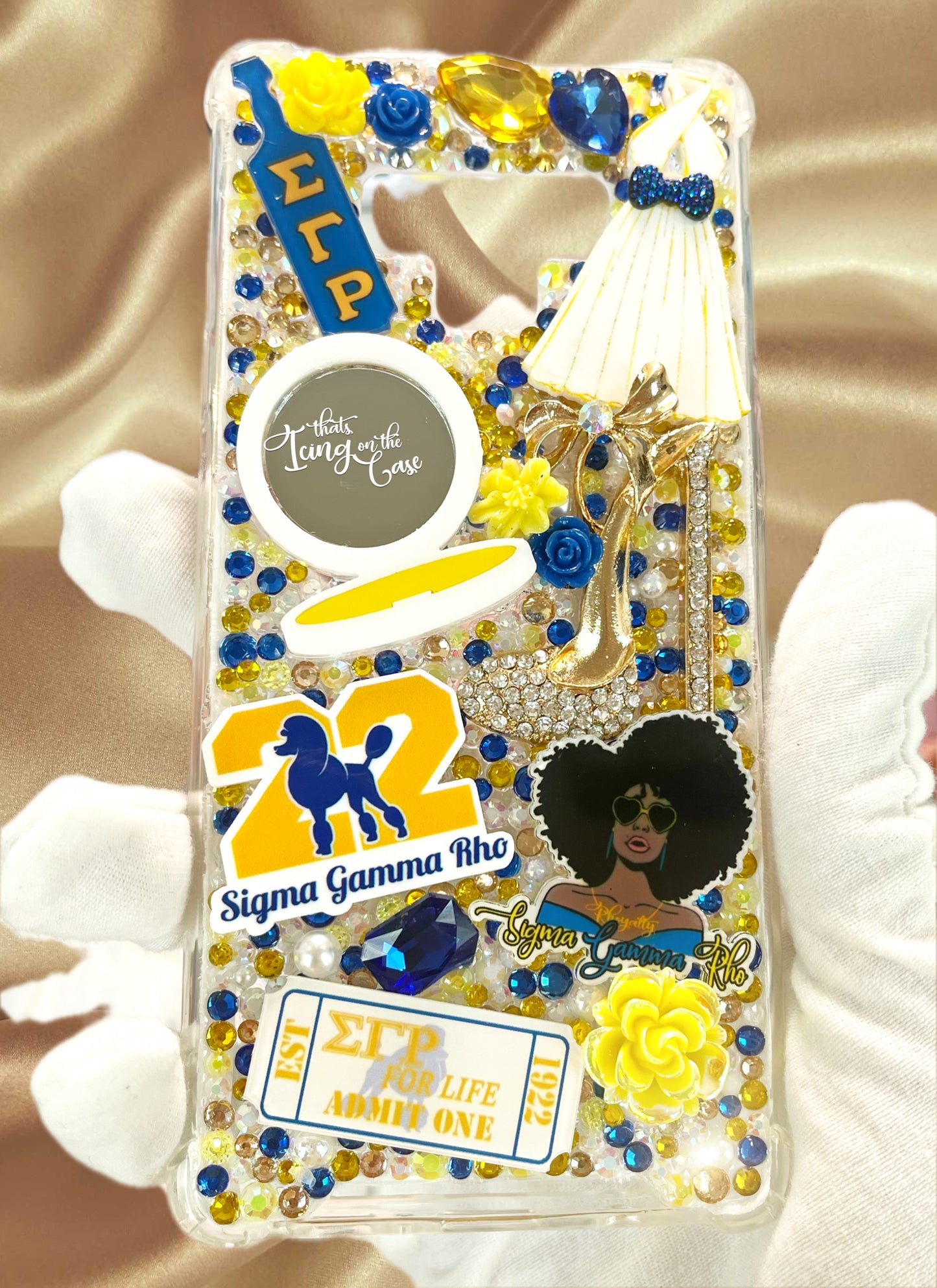 Admit One to the Blue and Gold Themed (immediately shipped) Phone Case with Snap pin bumper guards for the Samsung Galaxy Note 9
