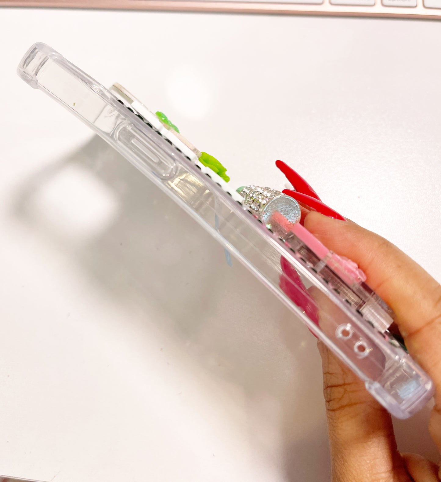 Pretty in Pink and Green AKA snap on ready to ship iPhone 13 phone case with protective bumper guards