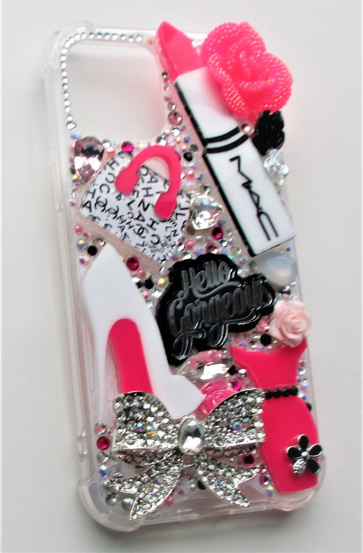 Hello Gorgeous in Hot Pink Ready To Ship snap on phone case with protective bumper guards for the iPhone 12 Pro