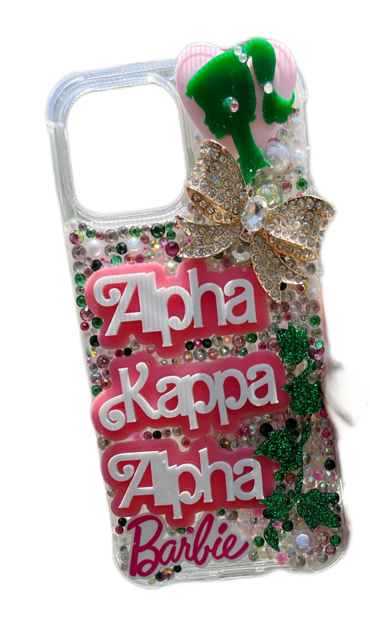 A Living Doll Sorority Inspired Pink and Green Ready to Ship Snap On Phone Case with Protective Bumper Guards for the iPhone 13 Pro Max