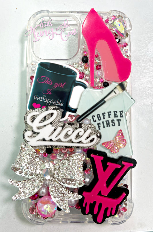 Coffee on my Way to Shop Themed Ready to ship snap on phone case with protective bumper guards for the iPhone 13 mini