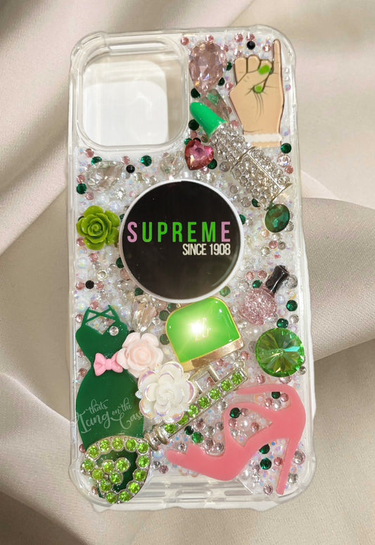 Supreme AKA inspired ready to ship snap on phone cover with protective bumper guards with built in pop socket for the iPhone 12 Pro Max and 13 Pro Max