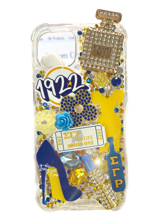 Blue and Gold Bling Admit One Themed (immediately shipped) Phone case for the iPhone 13 and iPhone 14 with Protective Bumper Guards
