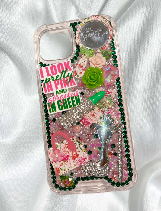 Pretty in Pink and Green AKA snap on ready to ship iPhone 13 phone case with protective bumper guards