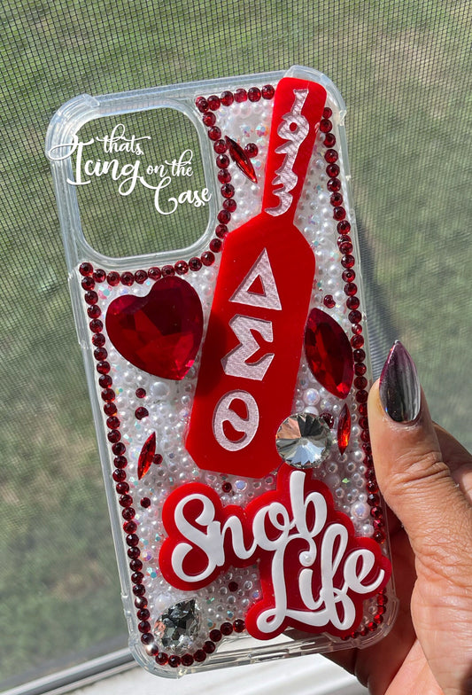 Red and White Sorority Snob Life Themed Snap On iPhone 12 Pro Max and 13 Pro Max Phone Case with Protective Bumper Guards