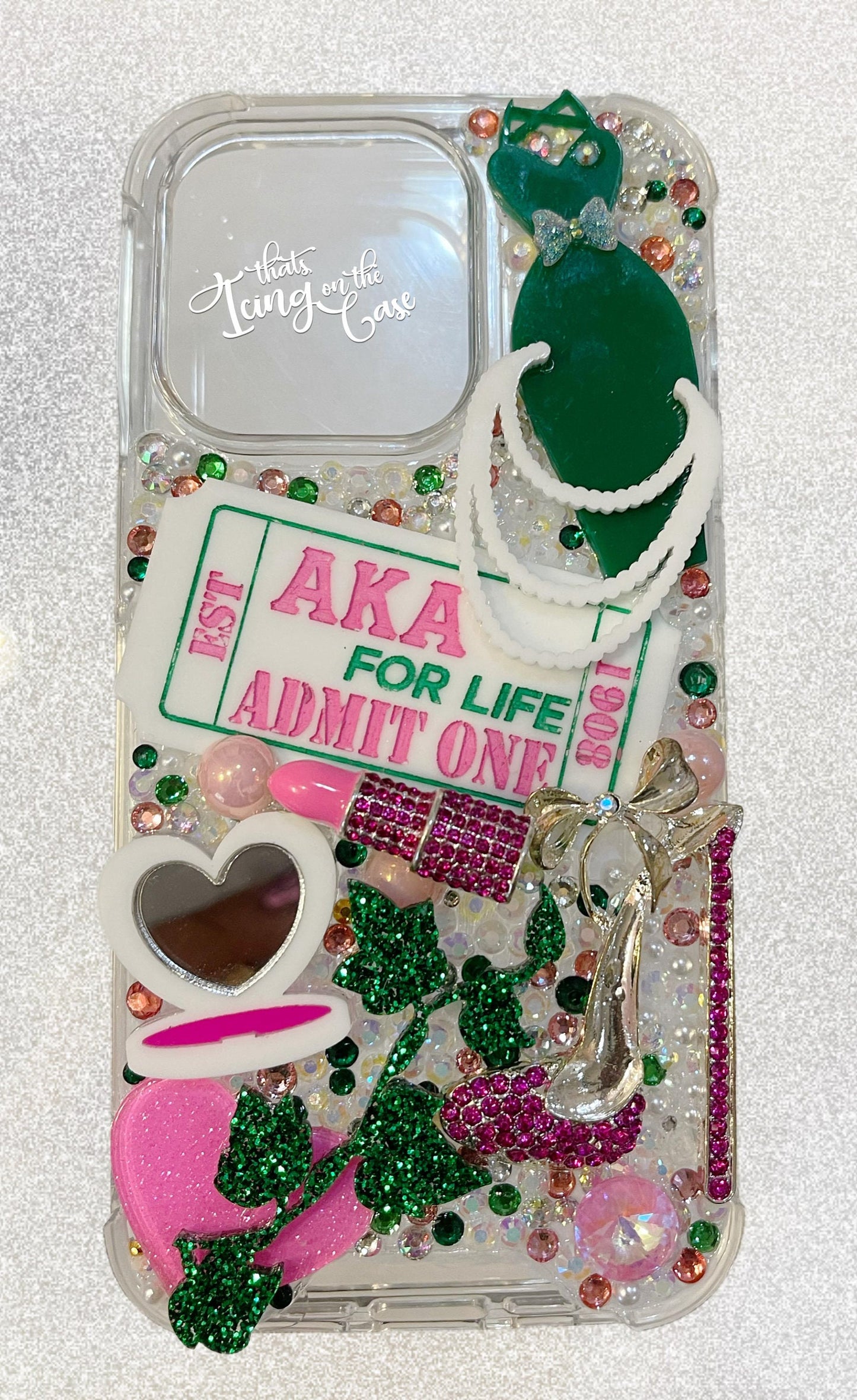 Ready to Ship Admit One Pink and Green Sorority Themed Snap On Phone Case with Protective Bumper Guards for the iPhone 14 Pro