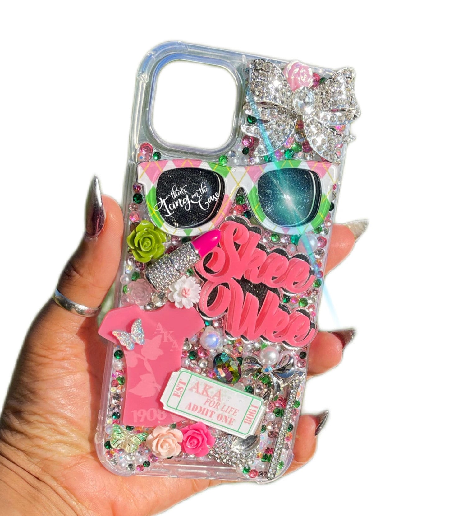 Ready to Ship Sorority Glam Pink and Green Phone Case With Protective Bumpers for the iPhone 14+