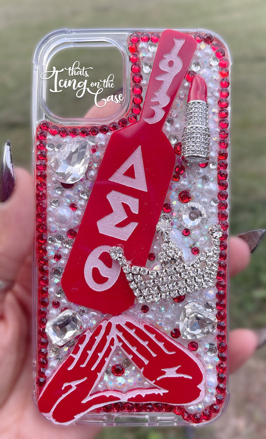 Red and White Sorority Paddle Themed Bling Rhinestone Ready to Ship Snap On Phone Case with Bumper Guards for iPhone 13 and the iPhone 14