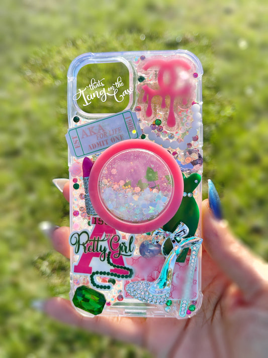 Pretty Girl Sorority Pink and Green Snap On Phone Case With Pop Socket and Protective Bumper Guards for the iPhone 14 and iPhone 14