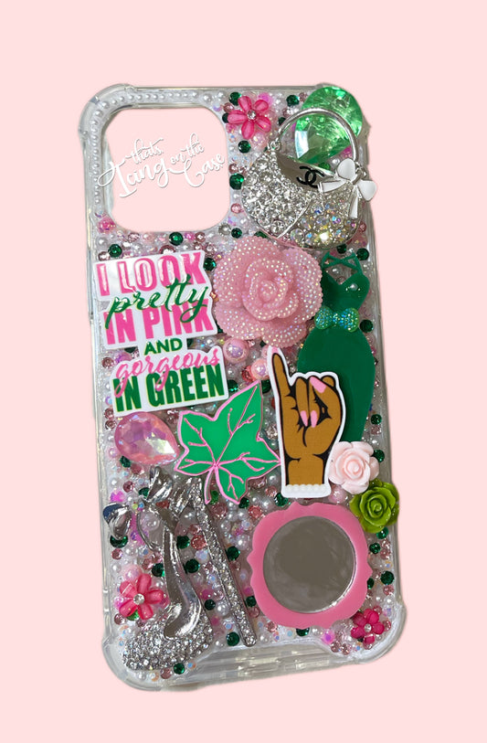 Pretty in Pink and Gorgeous in Green ready to ship phone case with protective bumper guards for the iPhone 12 Pro Max